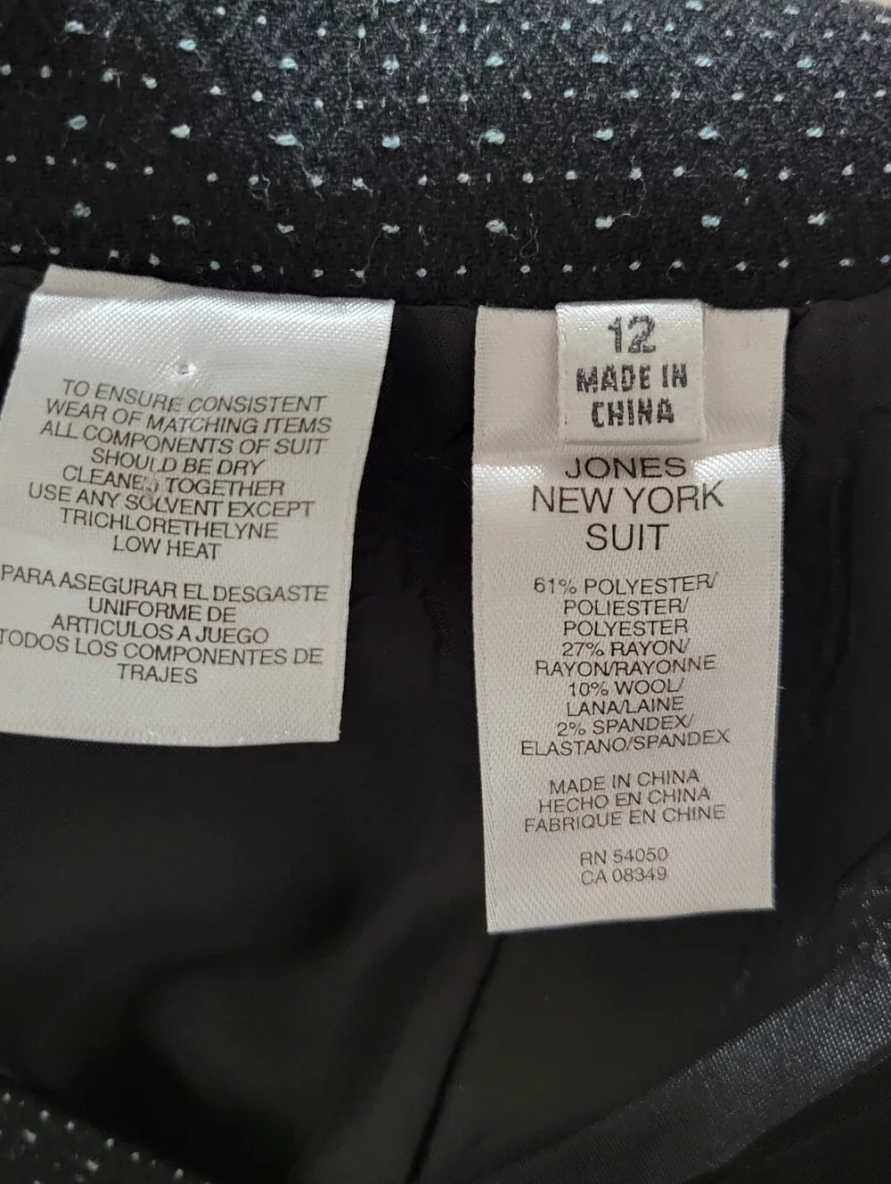 Jones New York Black And Blue Peplum Blazer and Matching Skirt Suit Set, Size 12